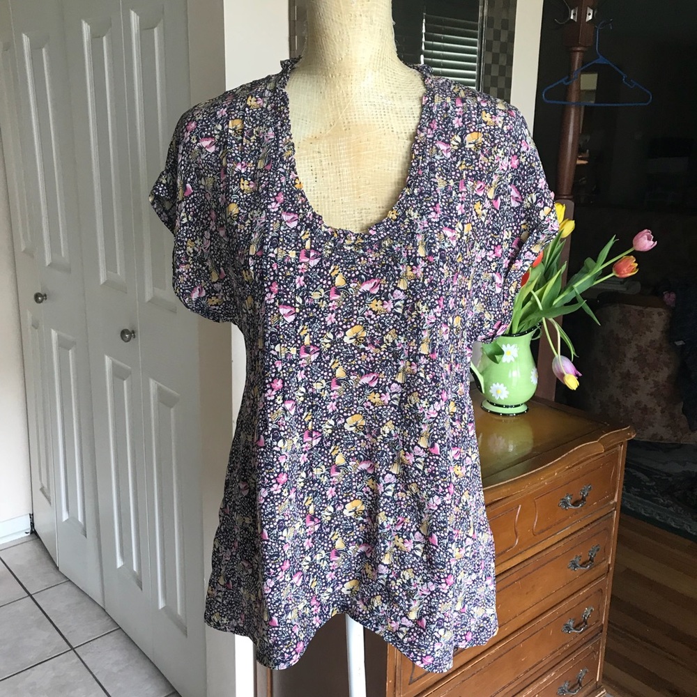 Anthropologie Floral Blouse - Black and Pink